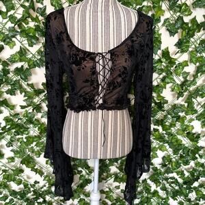 Black mesh witchy bell sleeve crop top